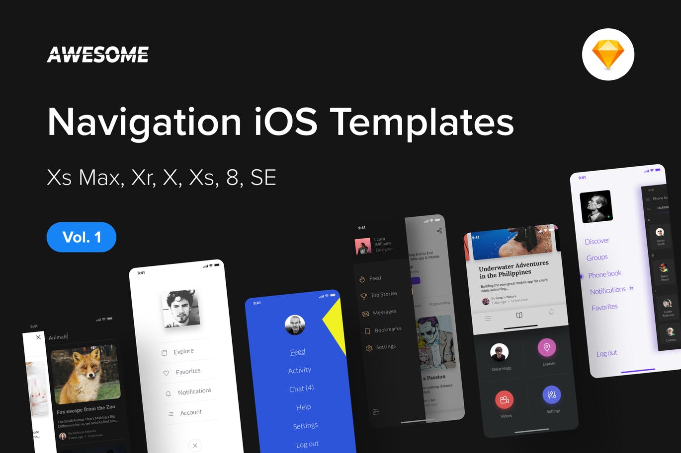 iOS手机应用导航栏菜单UI设计套件SKETCH素材v1 Awesome iOS UI Kit – Navigation Vol. 1 (Sketch)