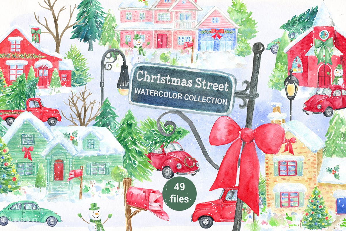 圣诞街道水彩剪贴画元素合集 Watercolor Christmas Street