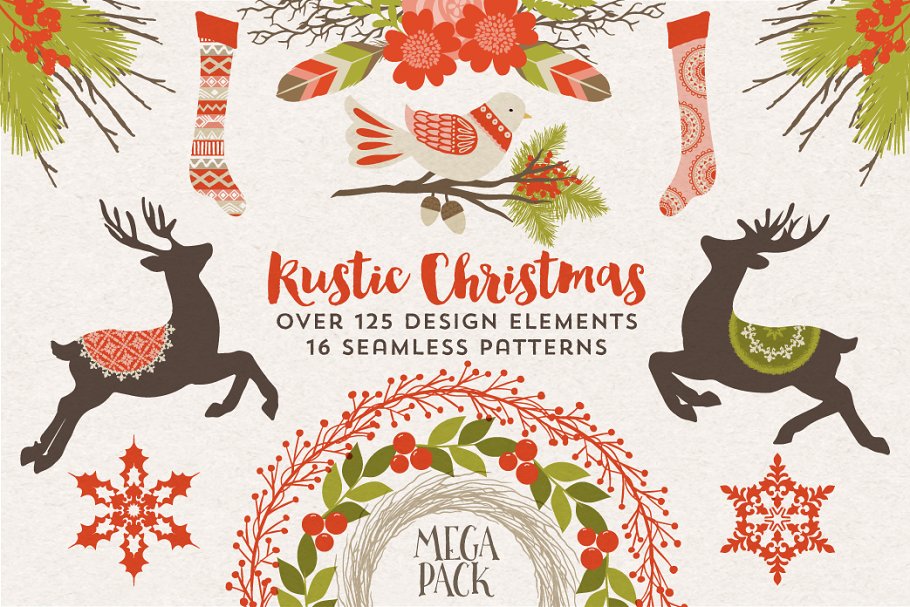 乡村圣诞矢量图形与无缝图案纹理 Rustic Christmas Graphics & Patterns