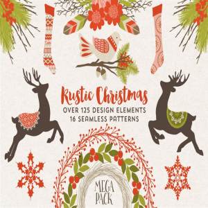 乡村圣诞矢量图形与无缝图案纹理 Rustic Christmas Graphics & Patterns