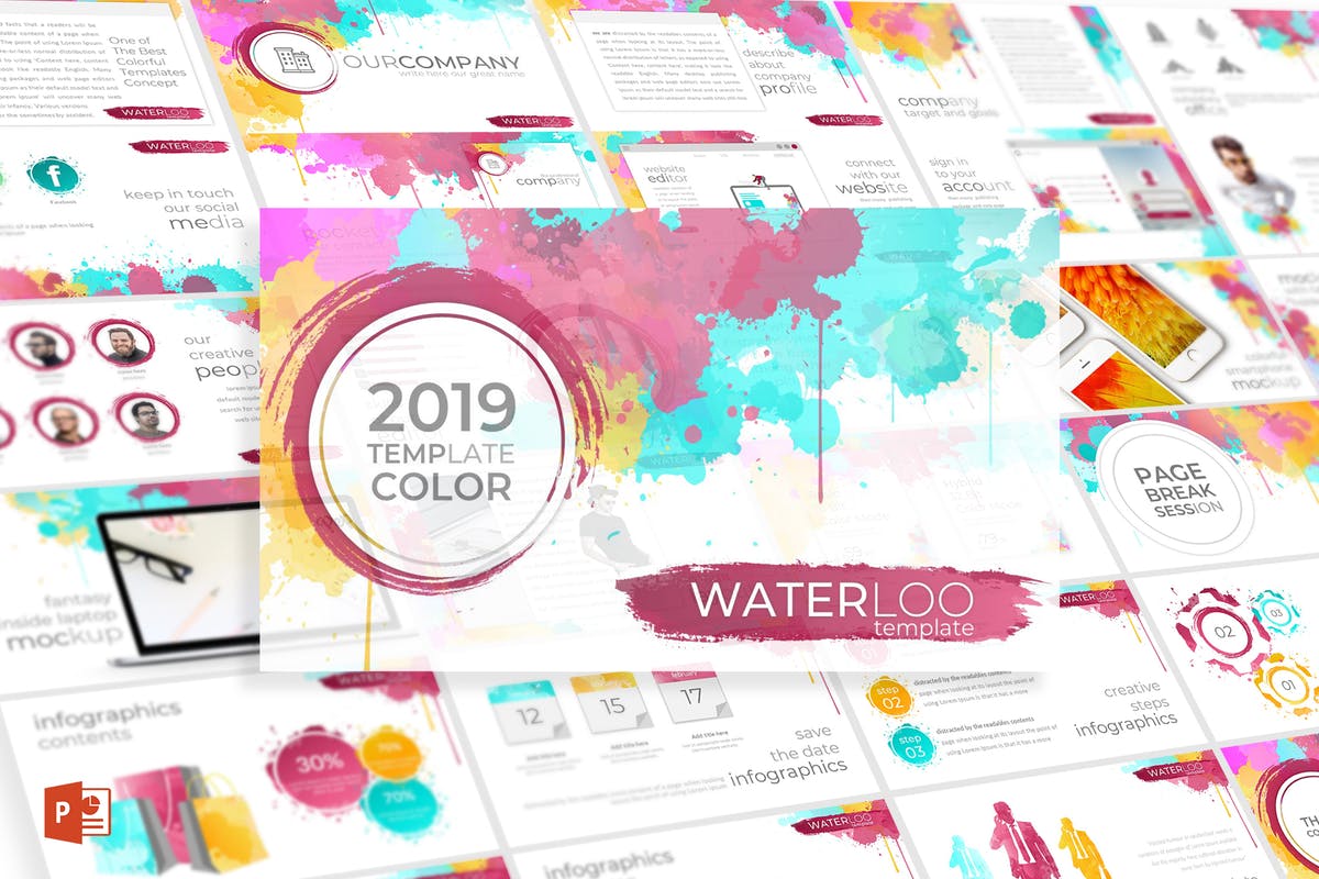 水彩元素主题商业/个人PPT创意模板 Waterloo – Powerpoint Template