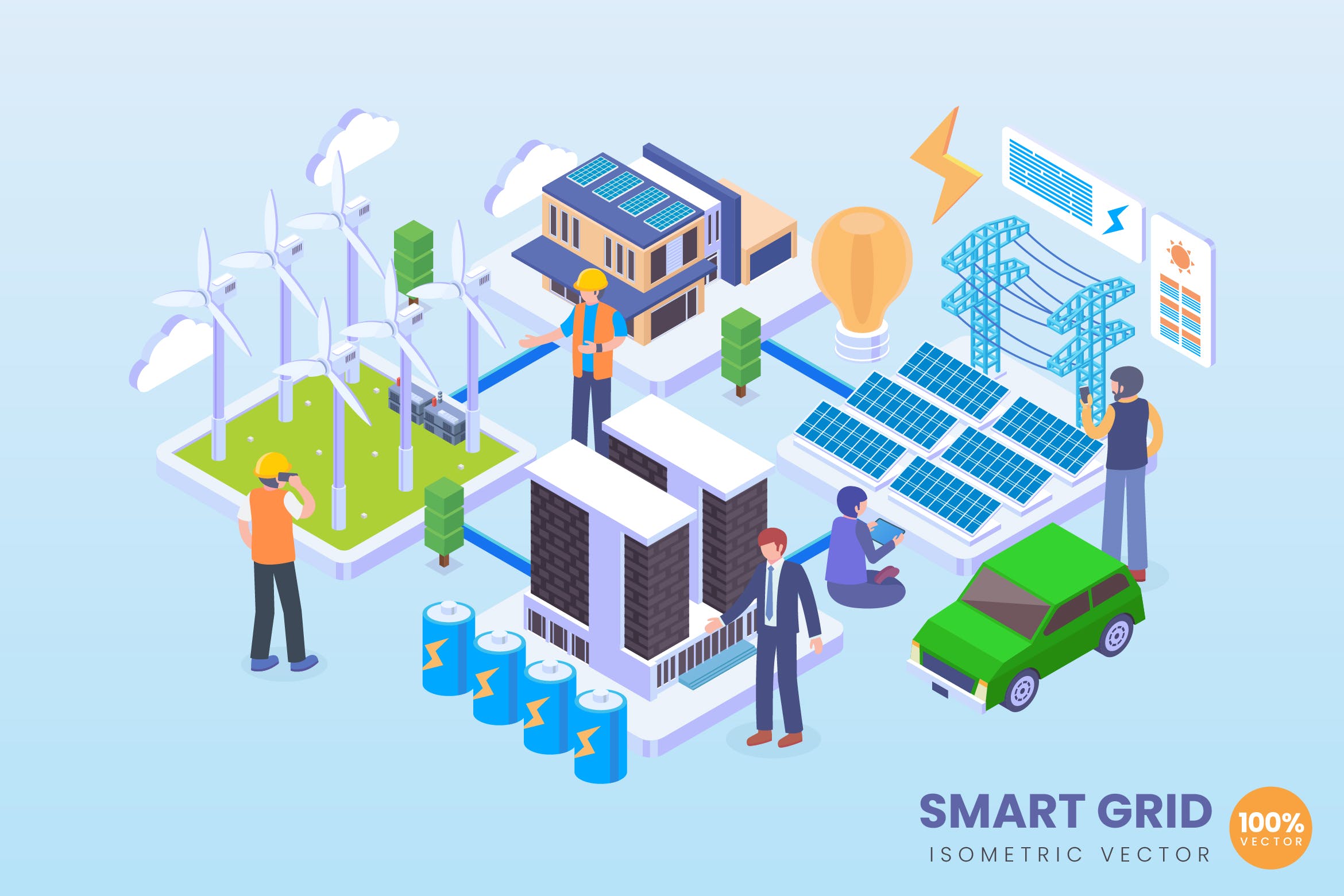 智能电网主题2.5D矢量等距概念插画 Isometric Smart Grid Electricity Vector Concept