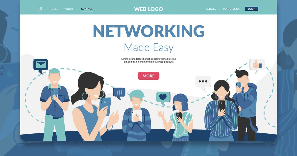 网站着陆页设计互联网社交手绘插画模板 Networking Modern Landing Page Hero