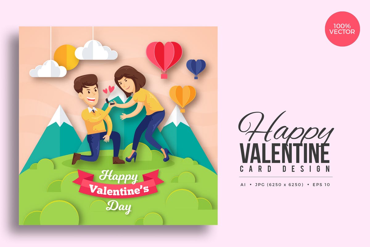 情人节主题剪纸艺术贺卡矢量模板v7 Paper Art Valentine Square Vector Card Vol.7