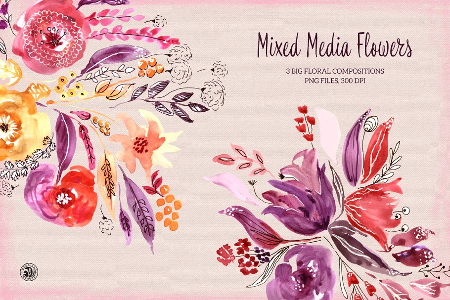 华丽感水彩玫瑰花卉剪贴画 Mixed Media Flowers