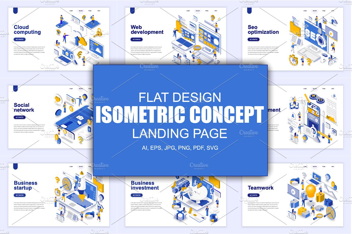 现代扁平设计网站着陆页等距概念插图集 Landing Page Templates