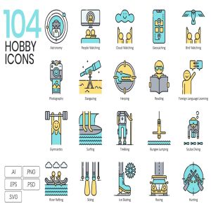104枚兴趣爱好矢量图标合集 104 Interest & Hobby Icons | Aqua