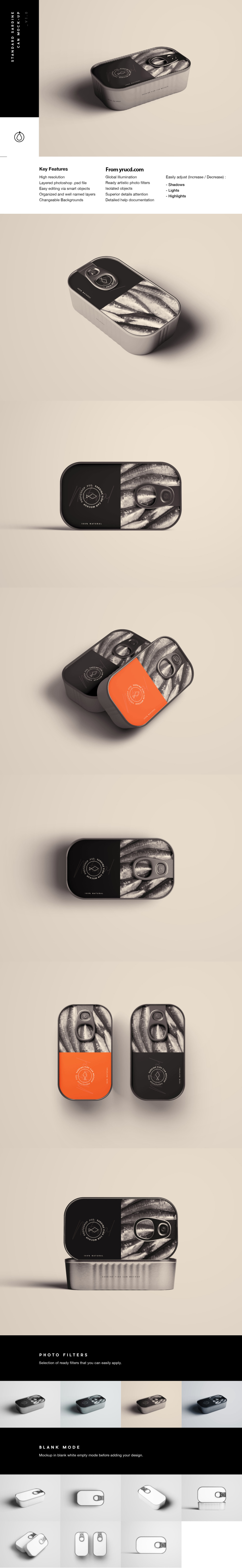 高品质的沙丁鱼罐头包装样机展示模型mockups
