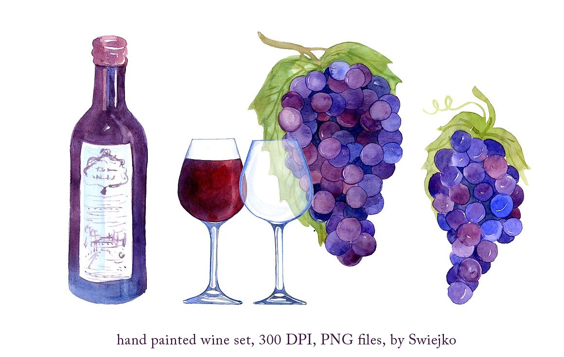 水彩葡萄&葡萄酒矢量剪贴画 Watercolor Wine, Grapes
