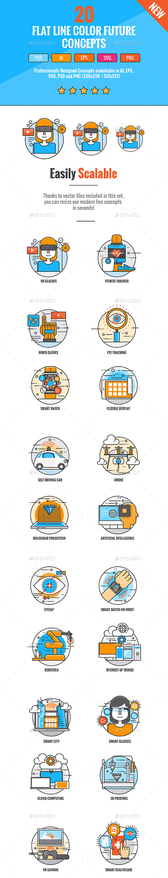 未来科技主题手绘彩色图标素材集 Flat Line Color Future Concepts