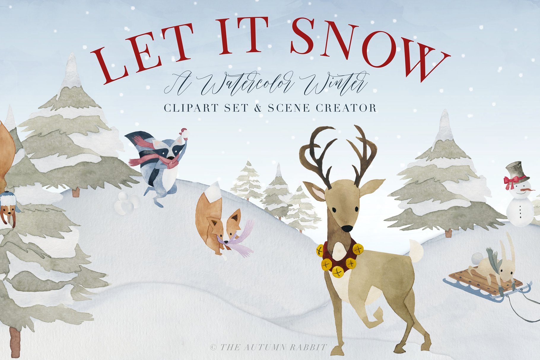 冬天冬季水彩场景设计素材包 Watercolor Winter Scene Creator