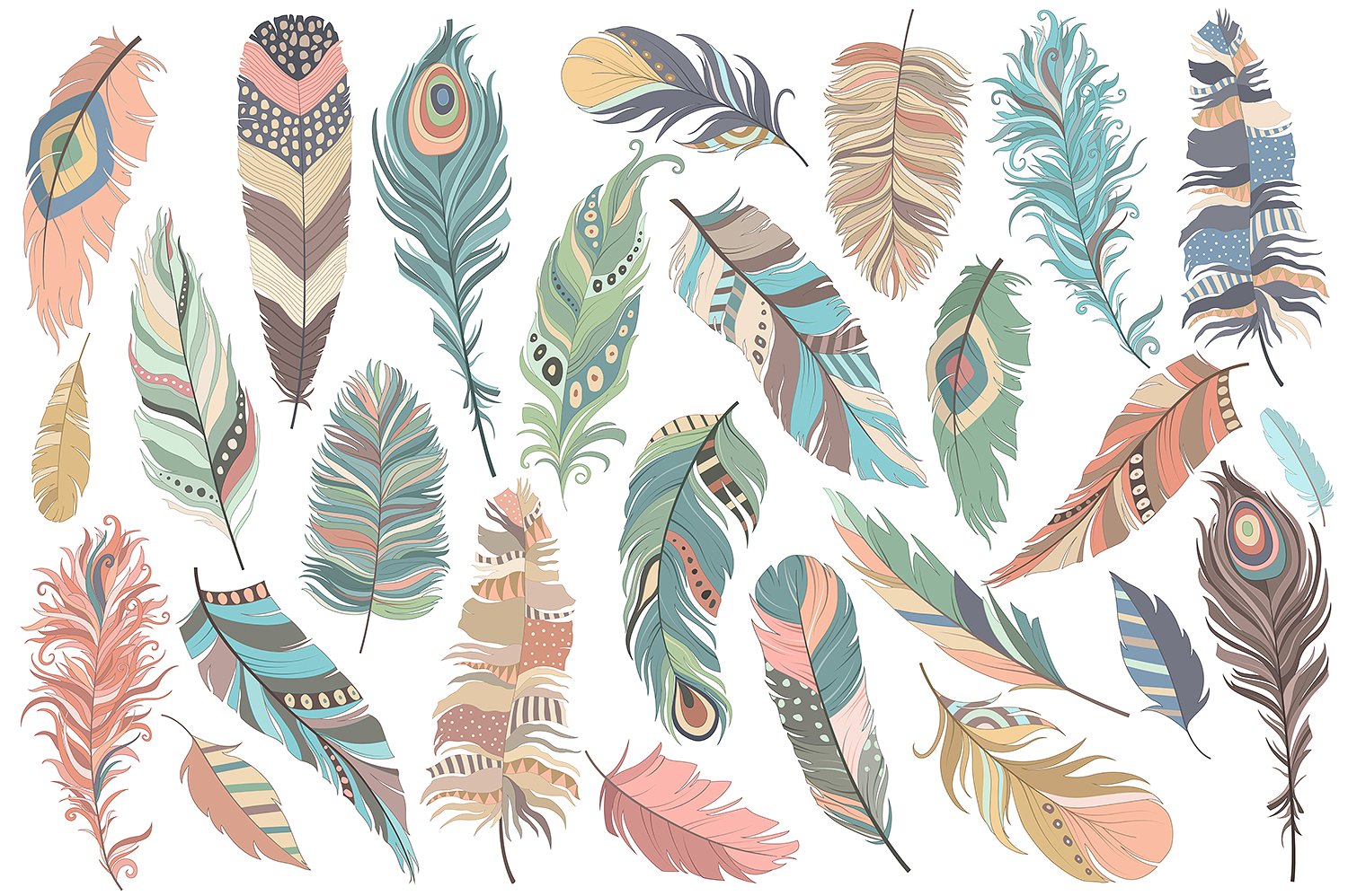 独特手绘部落文化羽毛矢量插画 Tribal Feathers Vector PNG & JPG Set
