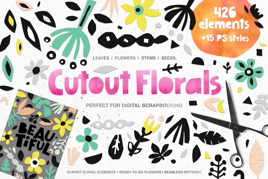 400+剪纸花卉元素 426 Cutout Floral Elements: PNG, EPS