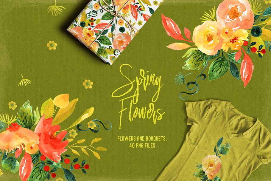 春天花卉水彩剪贴画 Spring Flowers