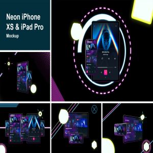 霓虹灯背景iPhone XS & iPad Pro样机模板 Neon iPhone XS & iPad Pro