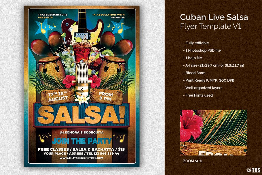 古巴萨尔萨舞曲现场海报设计PSD模板v1 Cuban Live Salsa Flyer PSD V1