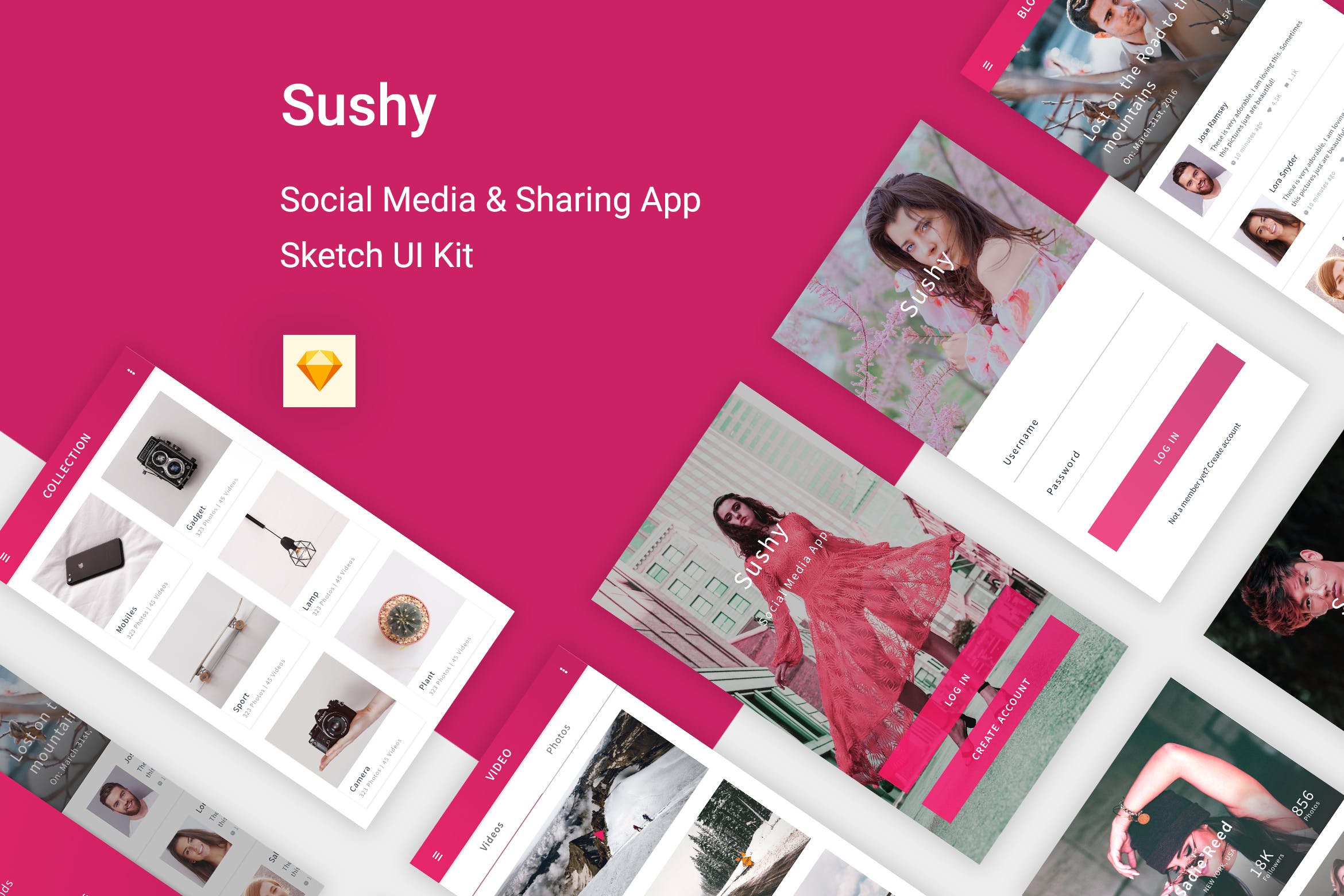社交媒体&社交分享主题APP应用SKETCH设计套件 Sushy – Social Media Ui Kit for Sketch App