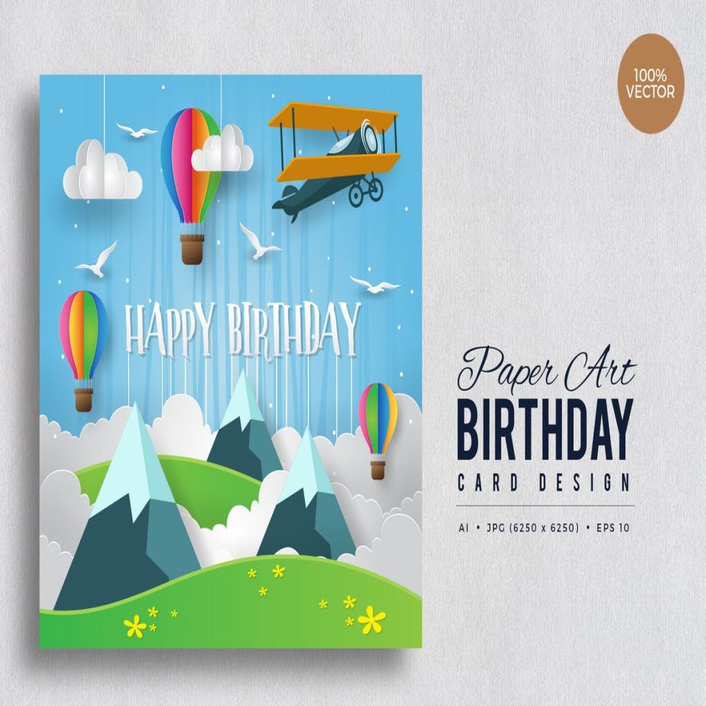 飞翔主题剪纸艺术设计风格生日贺卡设计模板v2 Paper Art Happy Birthday Vector Card Vol.2插图