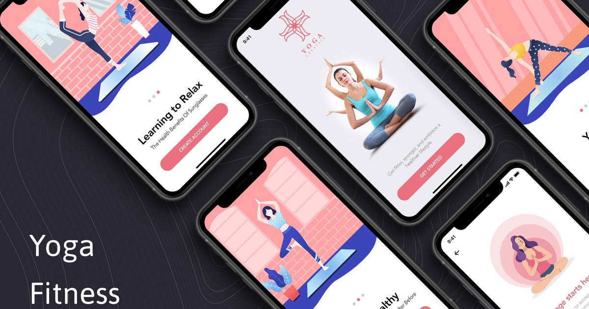 瑜伽健身APP应用程序启动页设计模板 Yoga Fitness App – Onboarding Concept