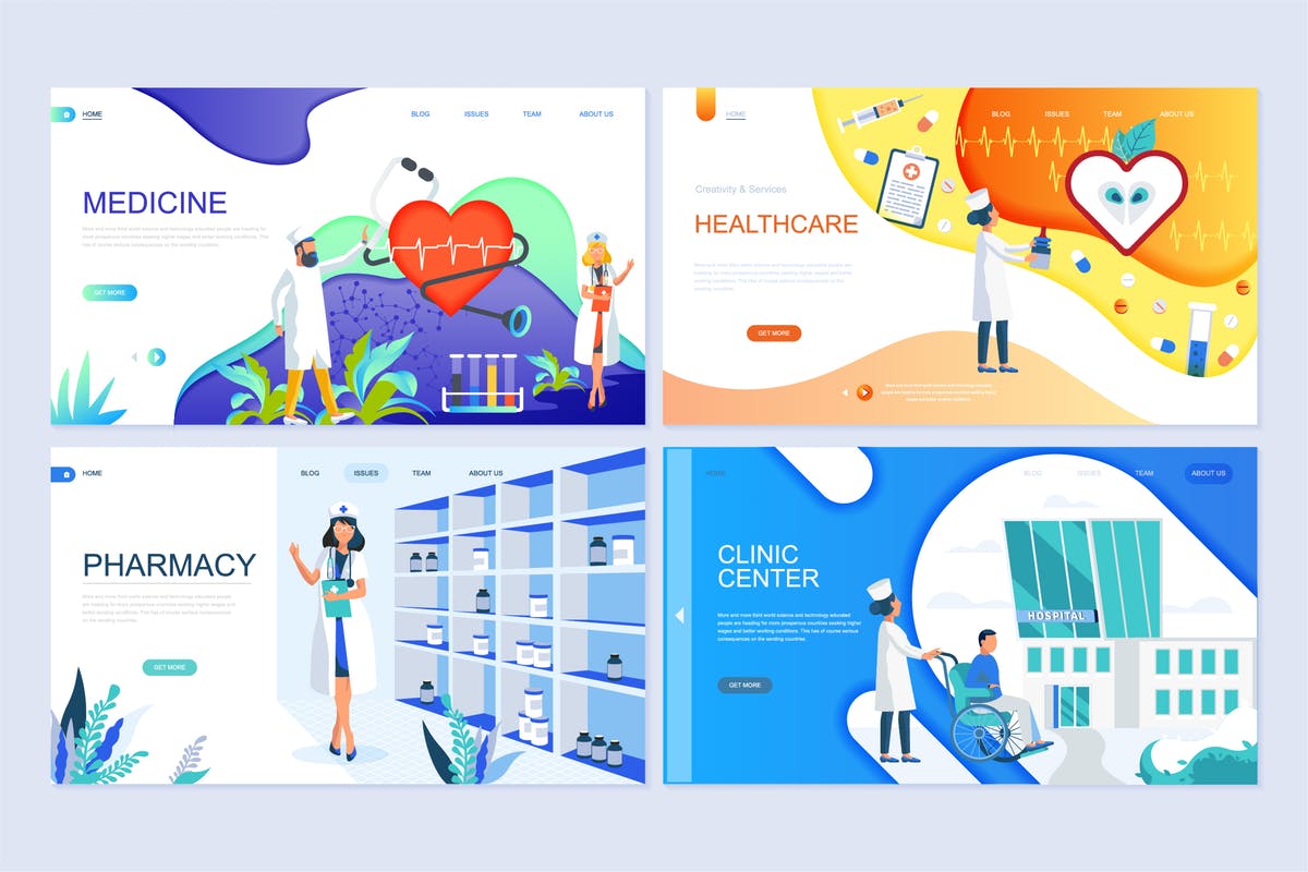 医疗健康主题扁平设计风格着陆页概念插画 Set of Landing Page Templates Flat Concept
