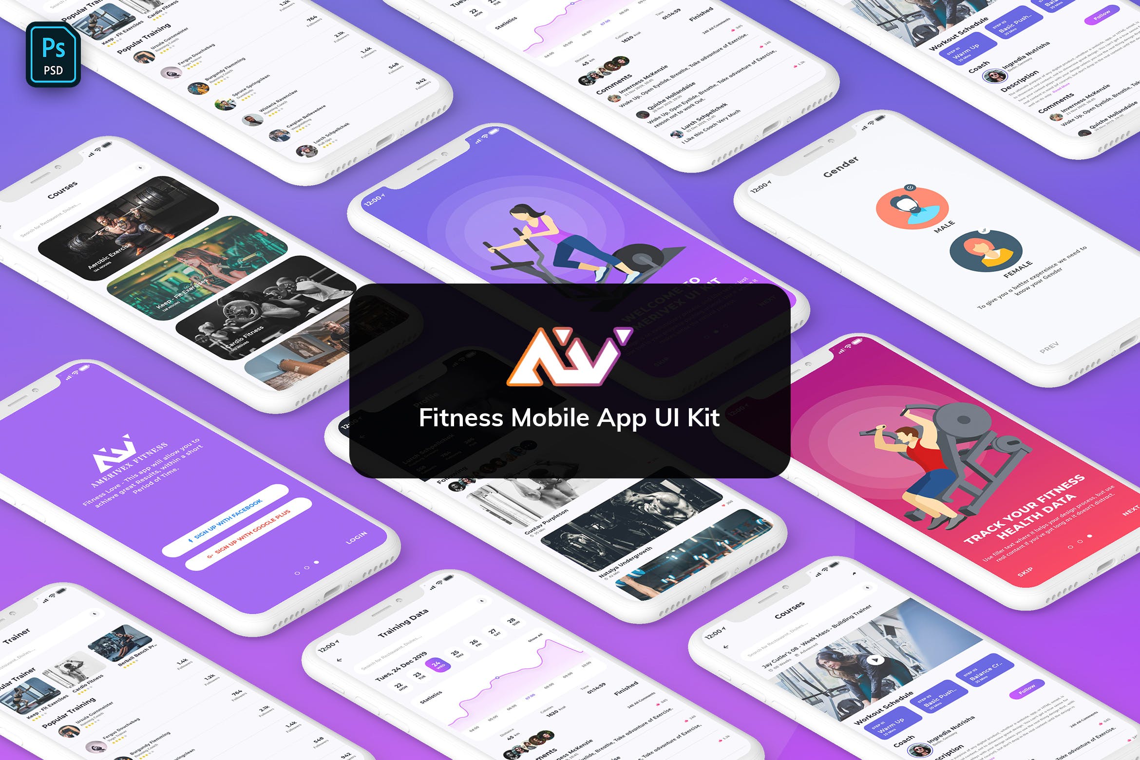 健身运动主题APP用户界面设计UI套件 AmeriVex – Fitness MobileApp Template UI Kit Light