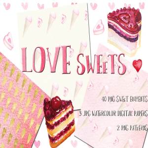 甜蜜水彩糖果甜点元素剪贴画 Love sweets. Watercolors clipart