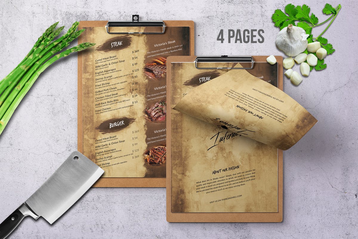 复古高端西餐厅菜单设计PSD模板 Infernos Vintage Single Page Menu – A4 & US Letter