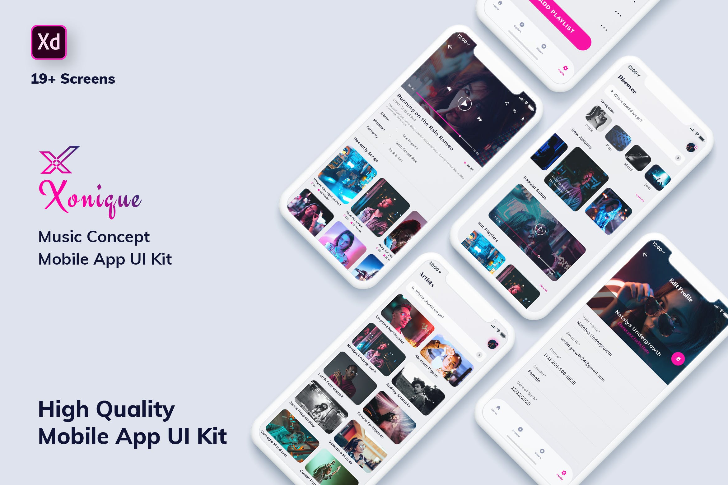 在线音乐播放听歌APP应用UI设计XD模板[日间模式版本] Xonique-Music MobileApp UI Kit Light Version (XD)