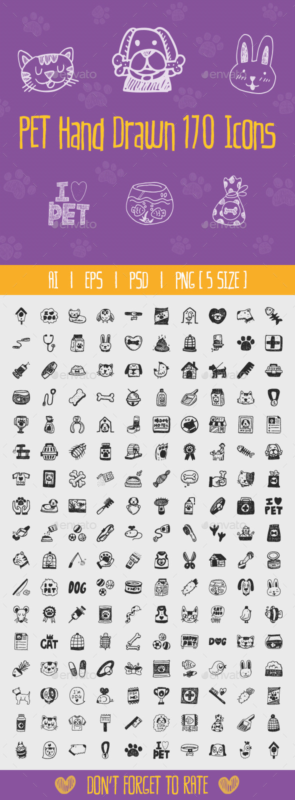 170枚手绘宠物图标素材包 Pet Hand Drawn Icons