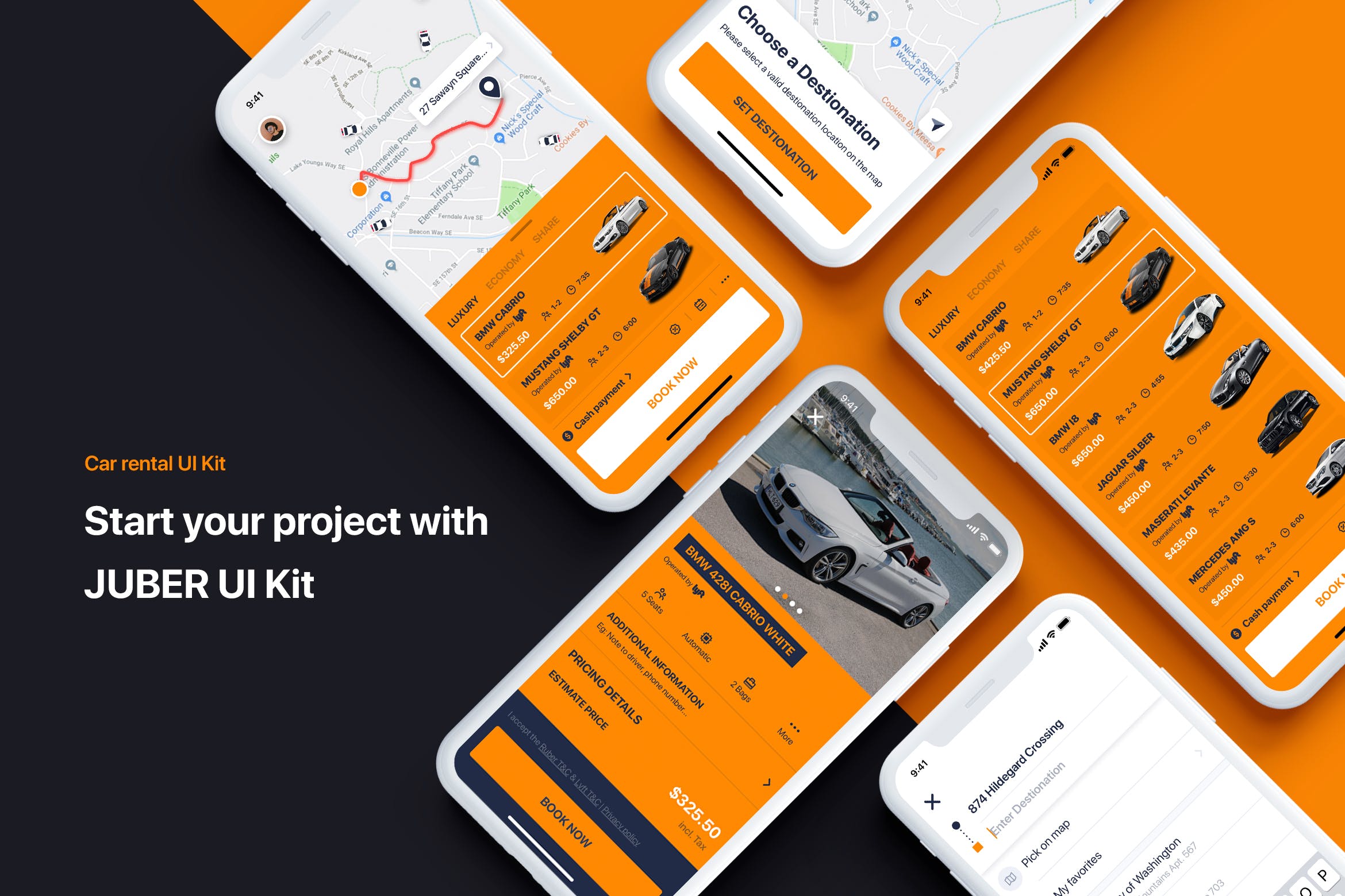 类滴滴打车APP应用网约车界面设计模板 Car rental mobile UI Kit – Booking a car