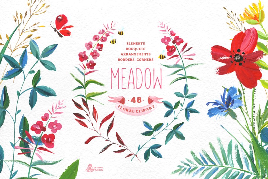 牧场花卉小草水彩手绘剪贴画 Meadow. Floral clipart
