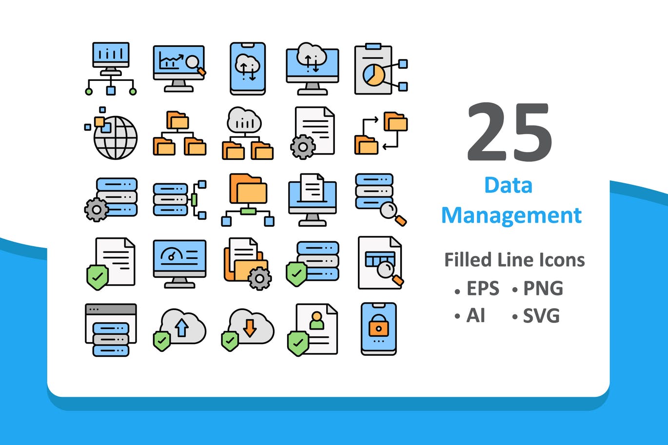 25枚大数据管理线性图标素材 25 Data Management Icons – Filled Line