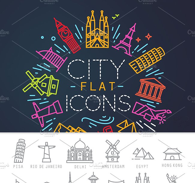 城市元素扁平风格图标 City flat icons