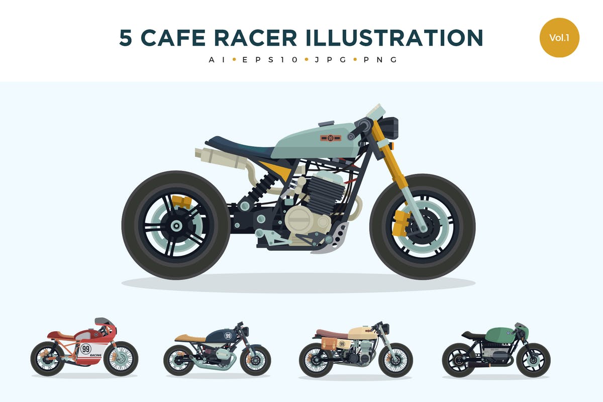 复古老式摩托车矢量插画套装Vol.1 5 Vintage Cafe Racer Vector Illustration Set 1