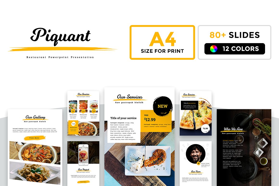 80+页餐饮类幻A4大小灯片模板下载A4 Piquant Powerpoint Template[pptx]