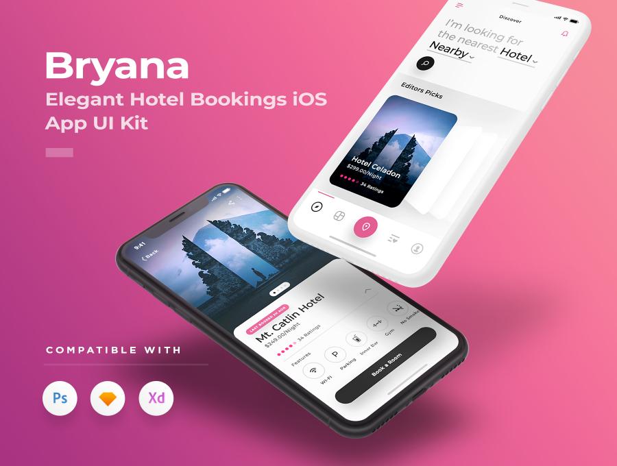 一流设计素材网下午茶：漂亮时尚的旅行名宿酒店预订APP UI KIT套装下载[PSD,Sketch,XD]