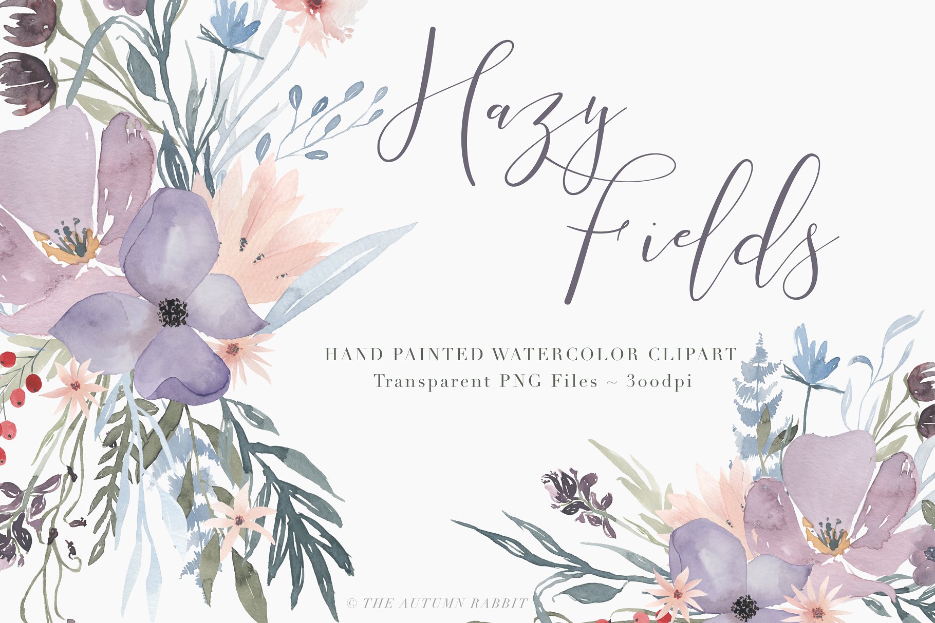 手绘水彩水粉花卉剪贴画 Watercolor Floral Clipart – Hazy