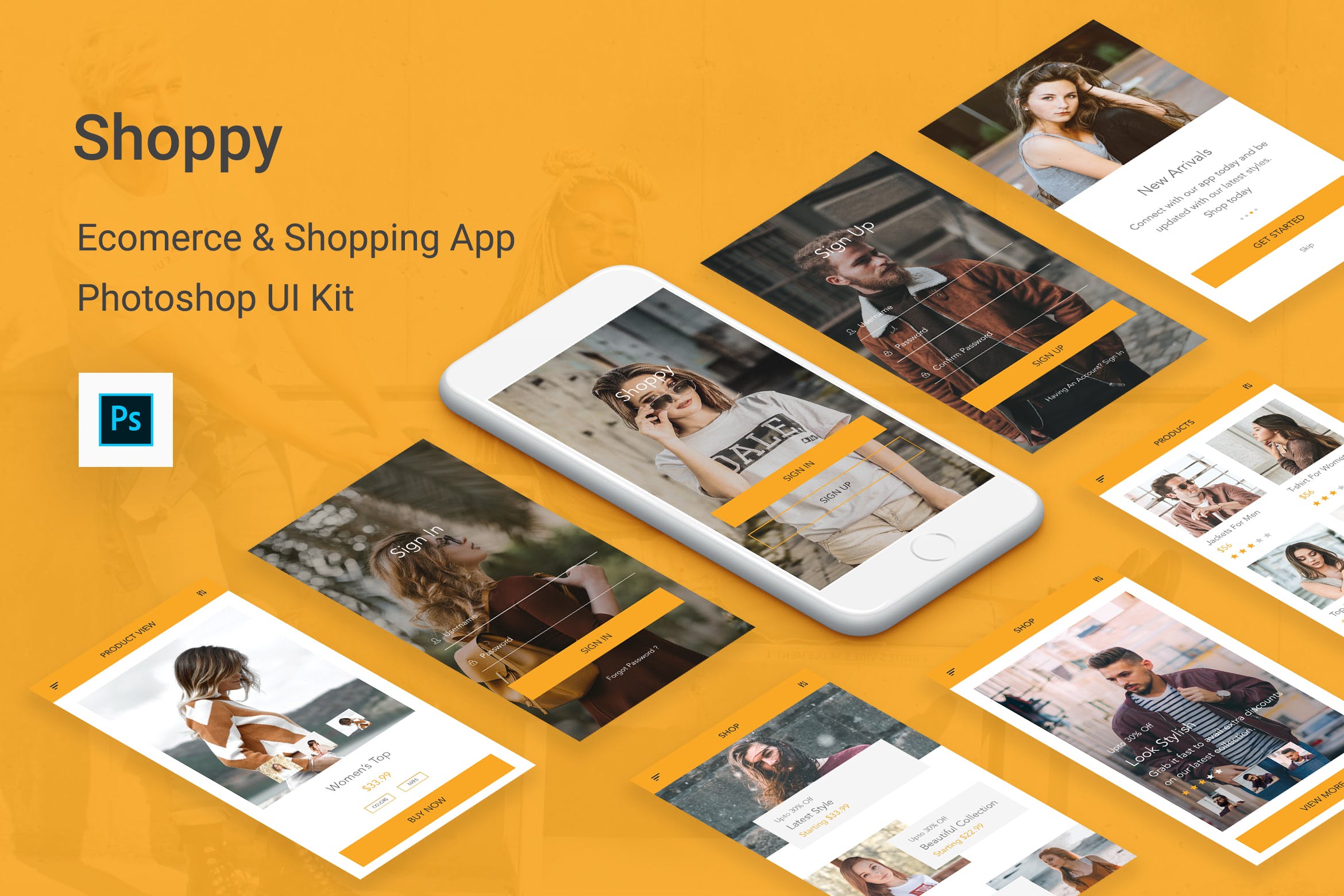 网上商城电子商务APP应用程序UI设计套件PSD模板 Shoppy – Ecommerce Mobile App for Photoshop