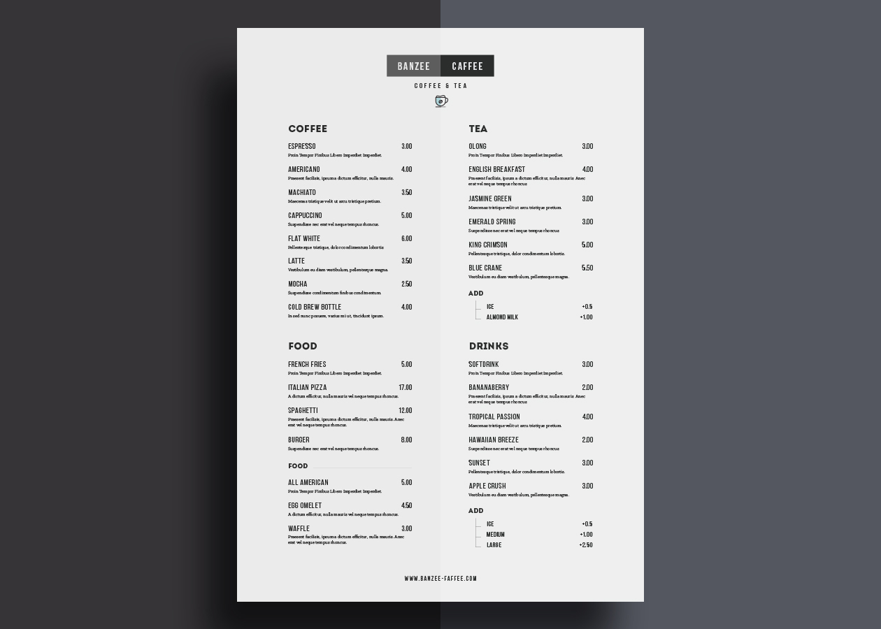 简约设计风格单页餐厅菜单排版设计模板 One Page Restaurant Menu Template