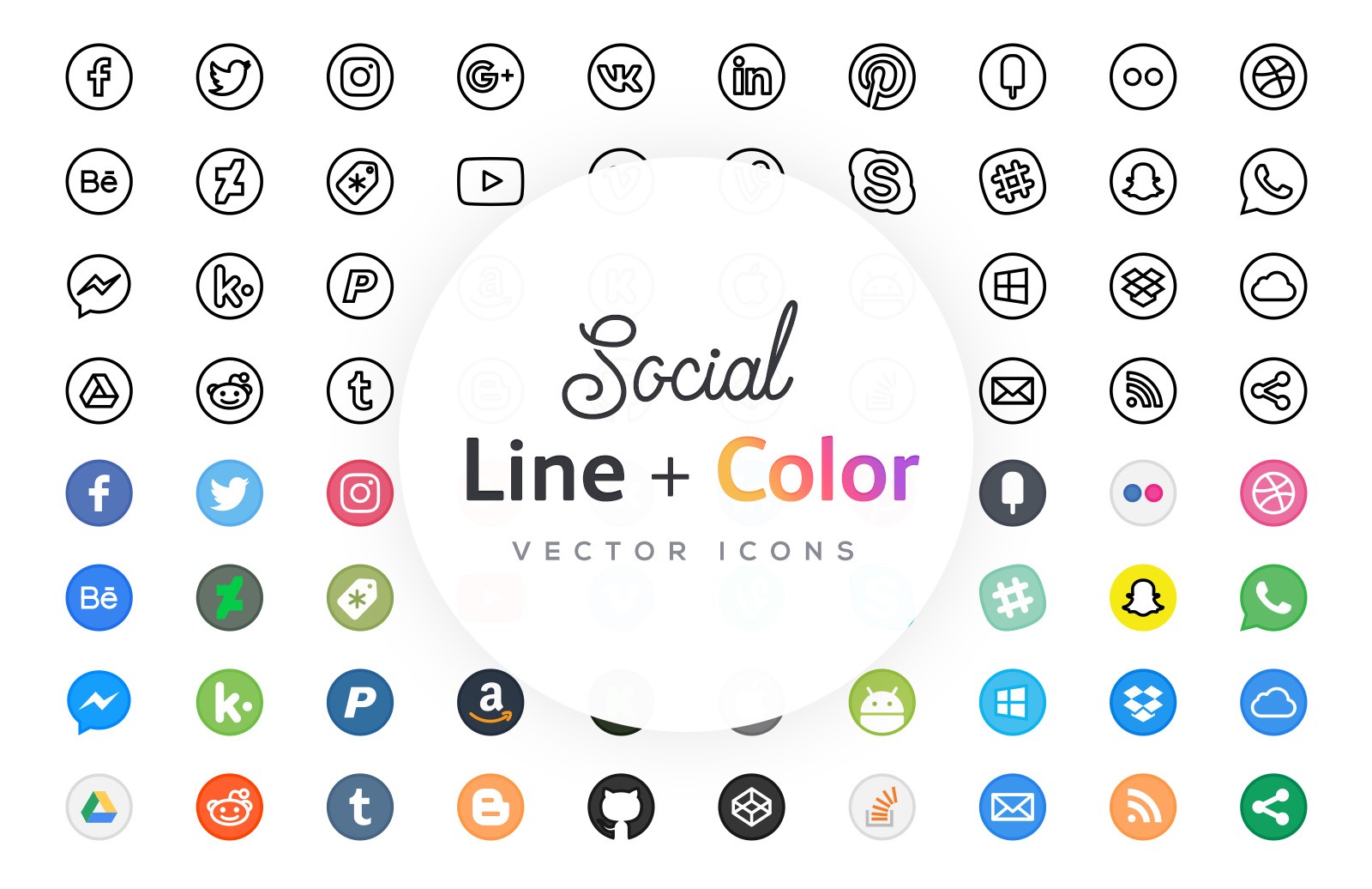 国外主流社交媒体线框图标 Free Line Icons – Social