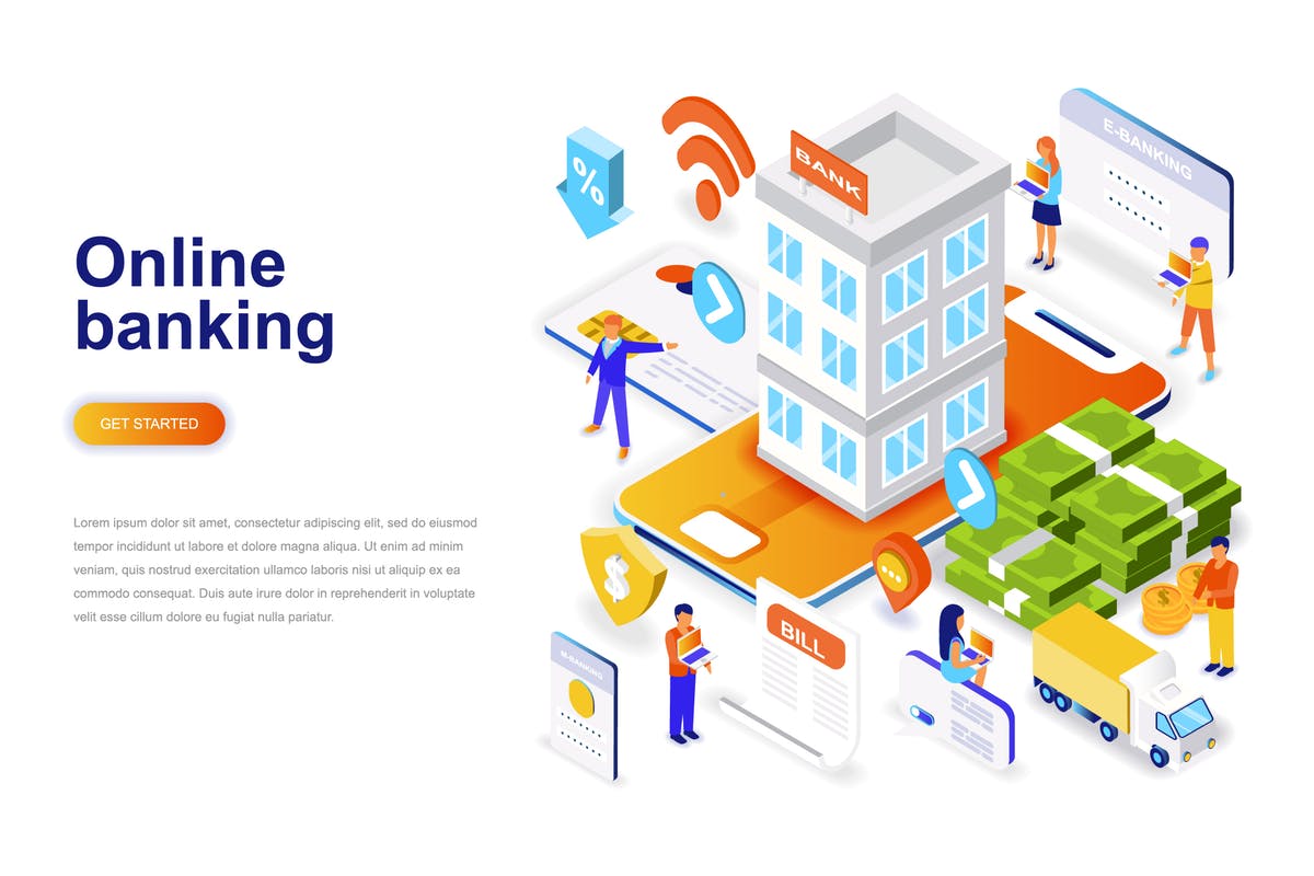 电子银行网上银行等距概念插画 Online Banking Isometric Concept