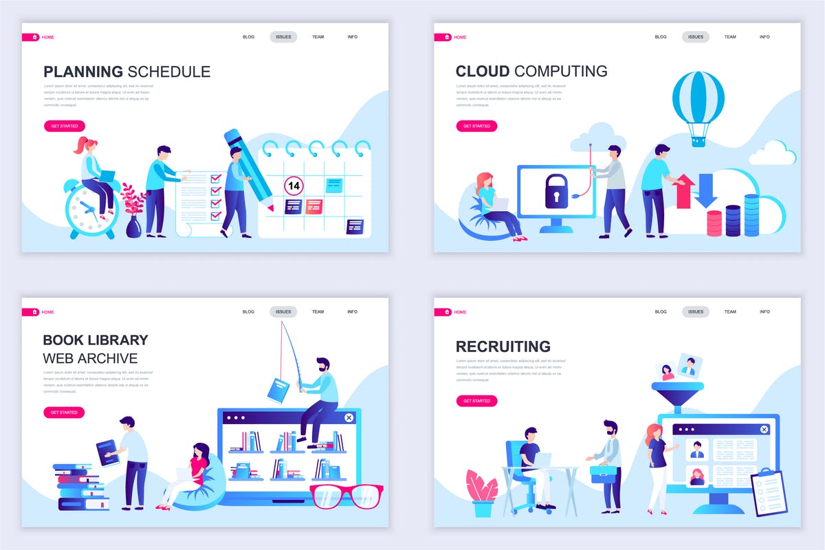 扁平设计风格场景概念插画网站着陆页设计模板v4 Set of Landing Page Templates Flat Concept