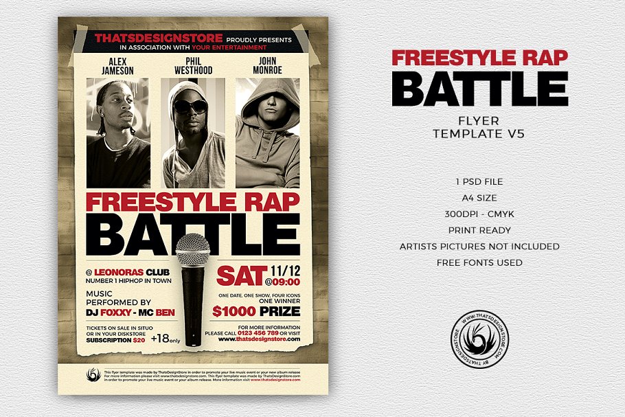 自由说唱饶舌音乐PK活动PSD传单模板V.5 Freestyle Rap Battle Flyer PSD V5
