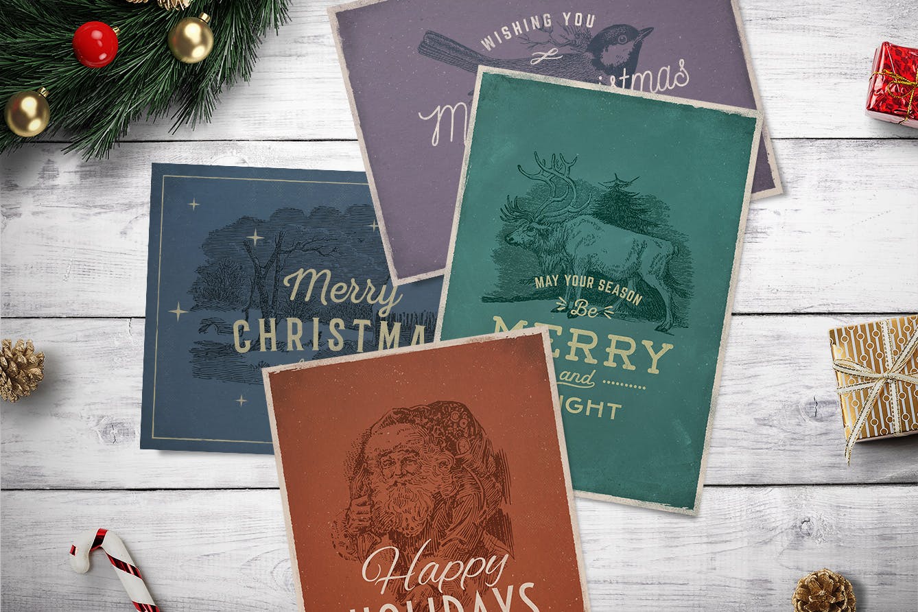 4款复古设计风格圣诞贺卡设计模板v2 4 Vintage Christmas Cards vol. 2