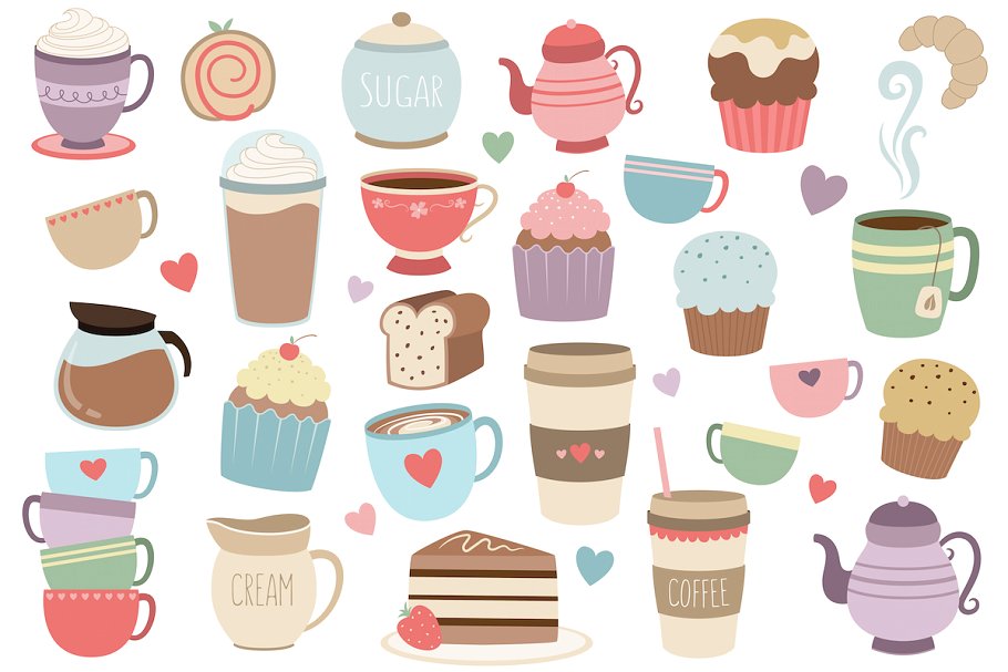 33个咖啡和茶矢量剪贴画 Coffee and Tea 33 pc Vector Clipart