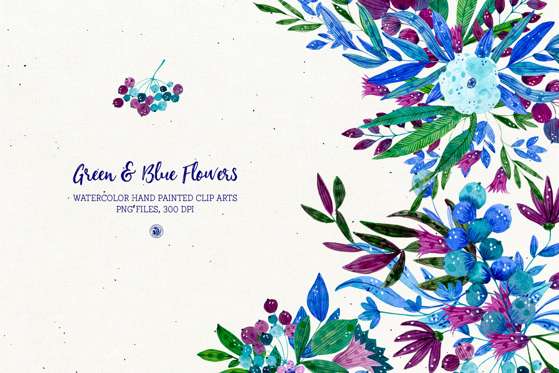 绿色&蓝色水彩手绘花卉剪贴画PNG素材 Green and Blue Flowers