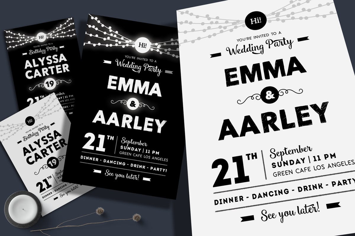 婚礼/生日/庆典活动邀请函设计模板 String Lights Invitation (Wedding & Birthday)