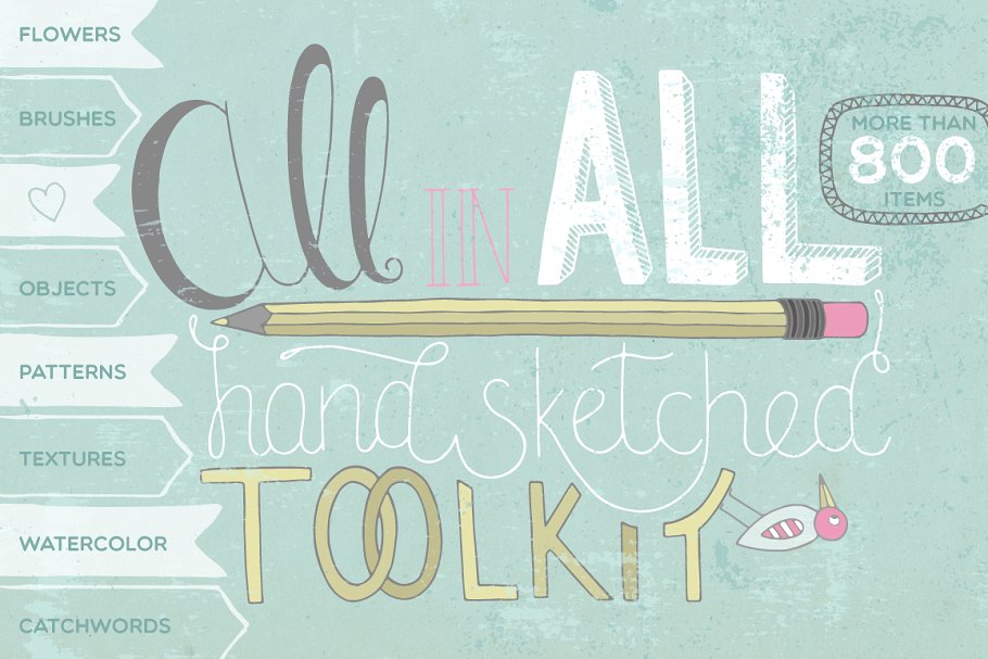 多合一手绘草图设计工具包[对象/笔刷/纹理/水彩…] All in All [800+ items] Pro
