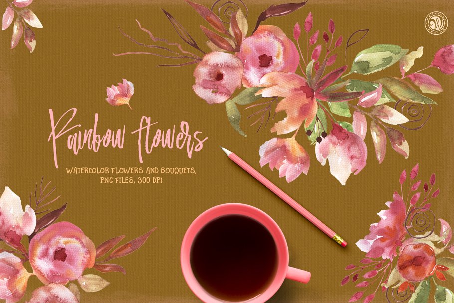 彩虹花花卉手工剪贴画  Rainbow Flowers