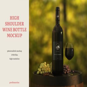 葡萄酒酒瓶贴纸设计图样机模板 High Shoulder Wine Bottle Mockup